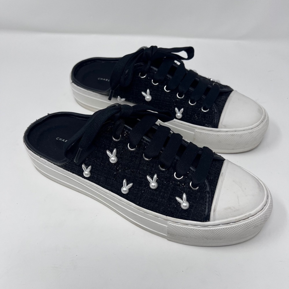 Charles & Keith Bunny Pearl Mule Sneaker Tweed Womens 7.5 / 38 Black Platform